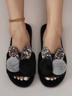 Pantufa Feminina Decoração Pom Pom Com Lantejoulas Chinelo Doméstico