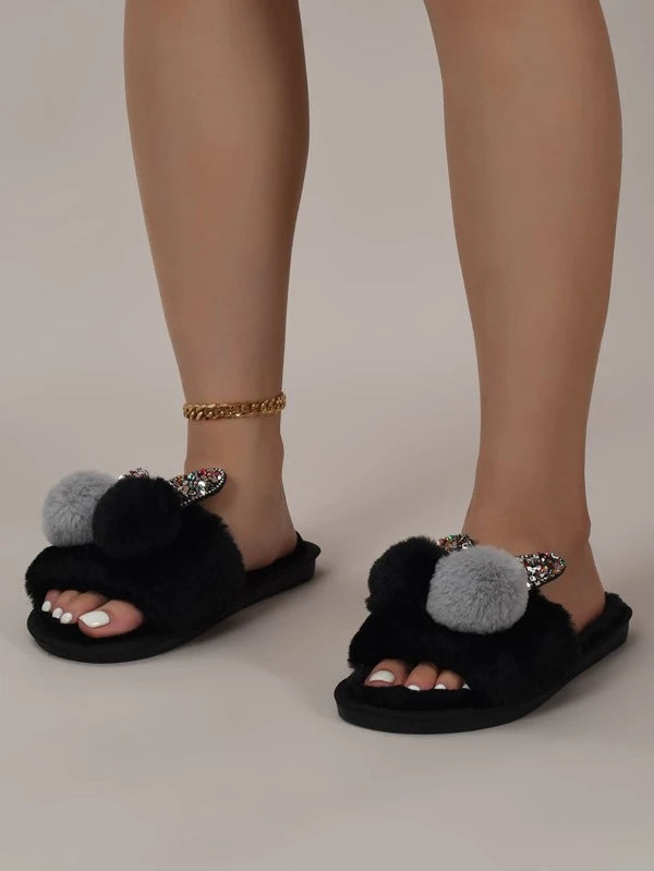 Pantufa Feminina Decoração Pom Pom Com Lantejoulas Chinelo Doméstico