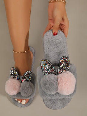 Pantufa Feminina Decoração Pom Pom Com Lantejoulas Chinelo Doméstico