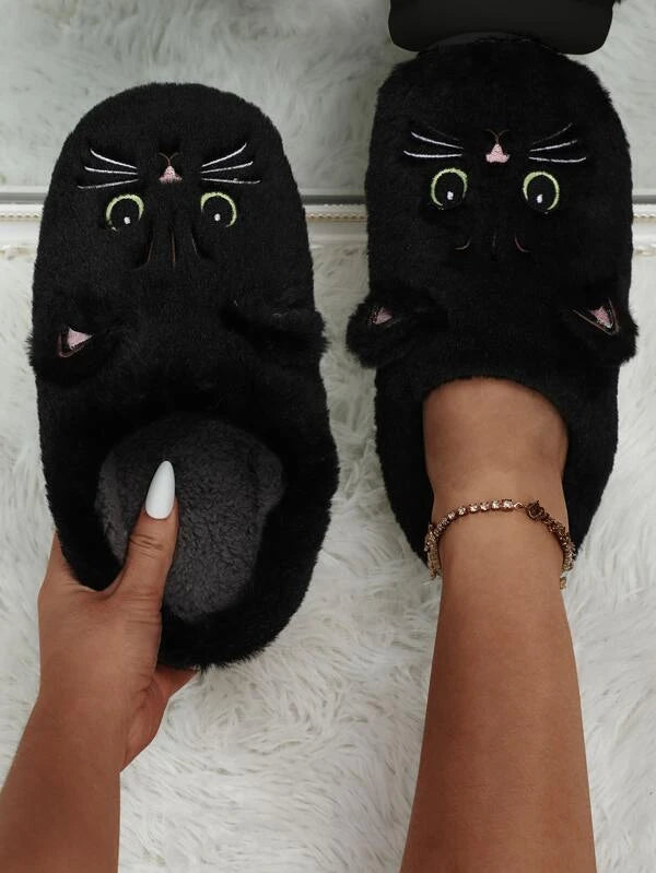 Pantufa Unissex Bordado Gatinho Chinelo Confortável De Pelúcia