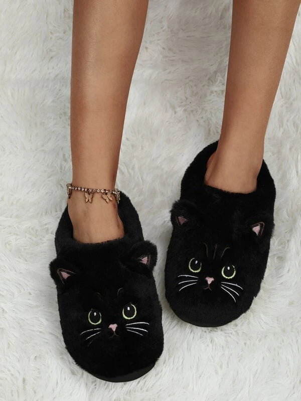 Pantufa Unissex Bordado Gatinho Chinelo Confortável De Pelúcia