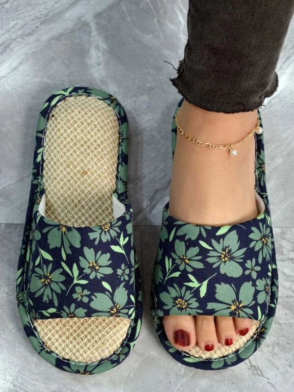 Pantufa De Linhos Estampa Floral Chinelo Doméstico Versátil Confortável