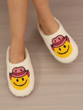 Pantufa Feminina De Pelúcia Bordado Emoji Chinelo Doméstico Confortável