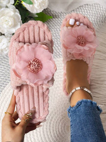 Pantufa Feminina Decoração Flor Chinelo De Veludo Listrado Em Relevo