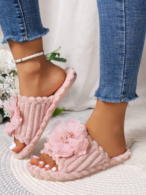 Pantufa Feminina Decoração Flor Chinelo De Veludo Listrado Em Relevo