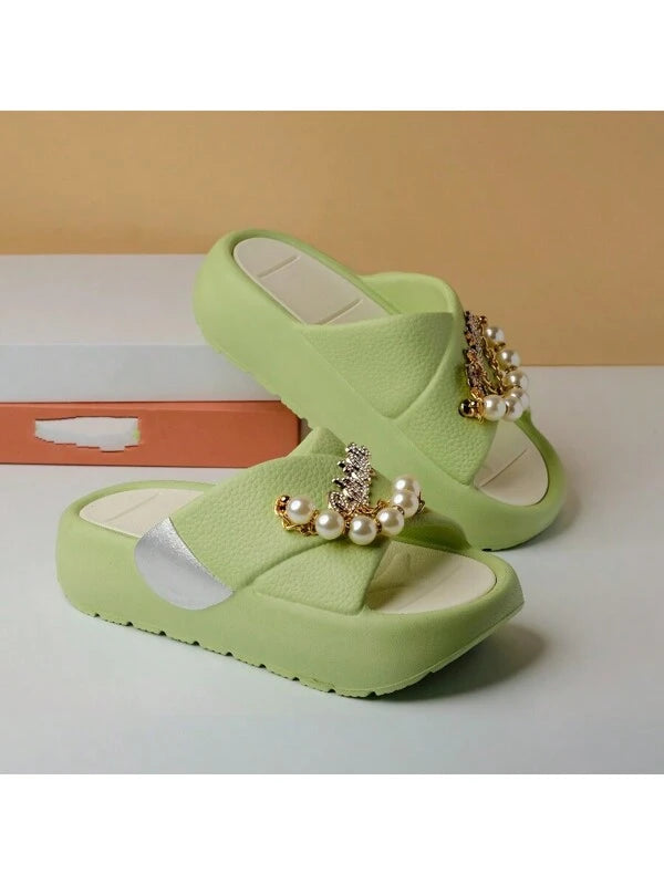 Pantufa Feminina Detalhes Com Pérolas Moda Casual Antiderrapante