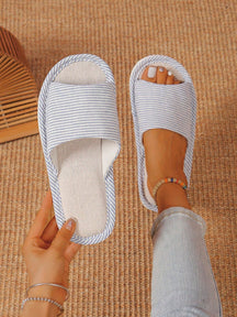 Pantufa Feminina Listrada De Linho Com Sola Macia Antiderrapante Chinelo Doméstico