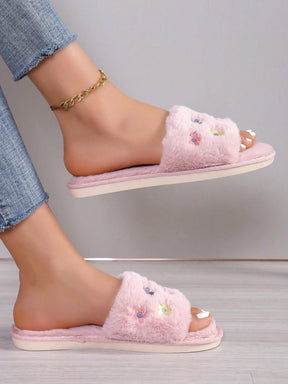 Pantufa Fofa Bordado Flores Chinelo Doméstico Antiderrapante Moda Outono