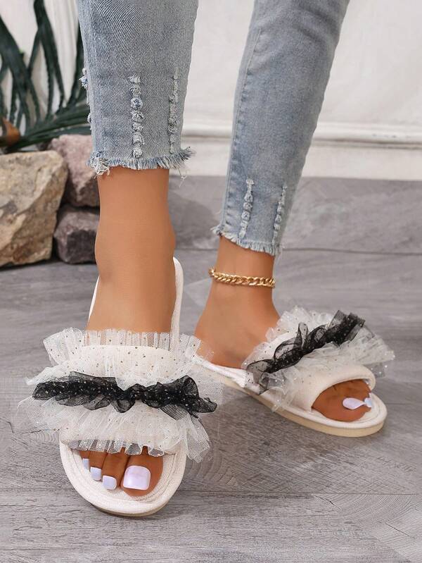 Pantufa Feminina Com Tule Brilhante Chinelo Doméstico Tendência