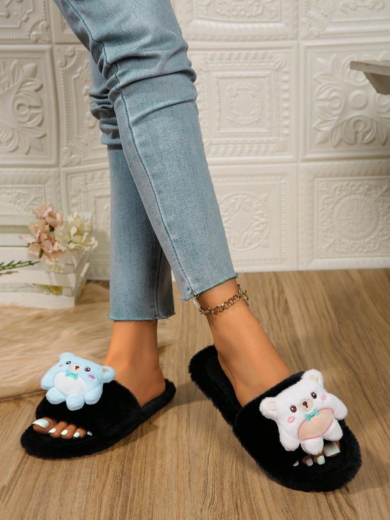 Pantufa De Pelúcia Urso Desenho Animado Chinelo Doméstico Casual