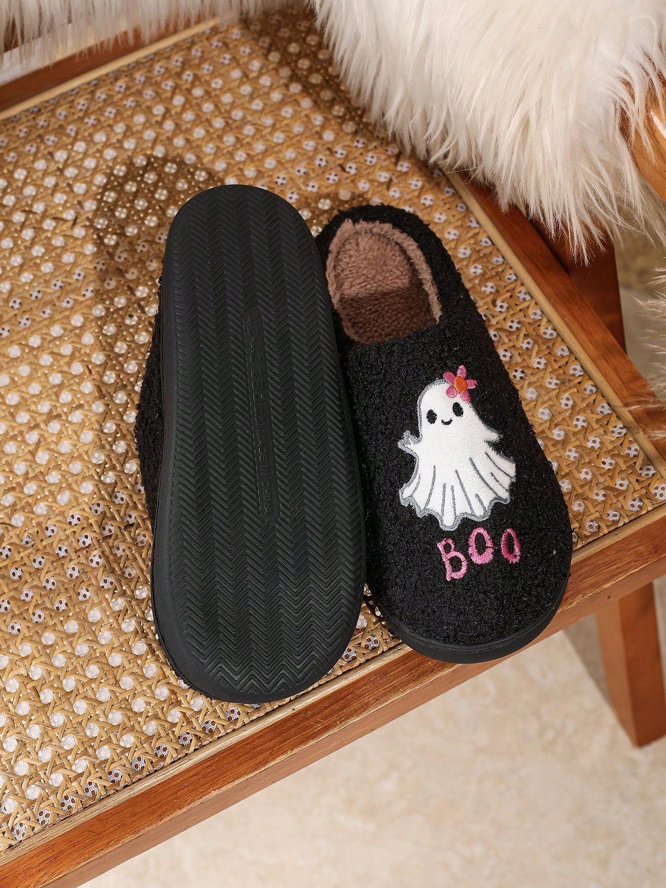 Pantufa Feminina De Algodão Bordado Fantasma Moda Halloween