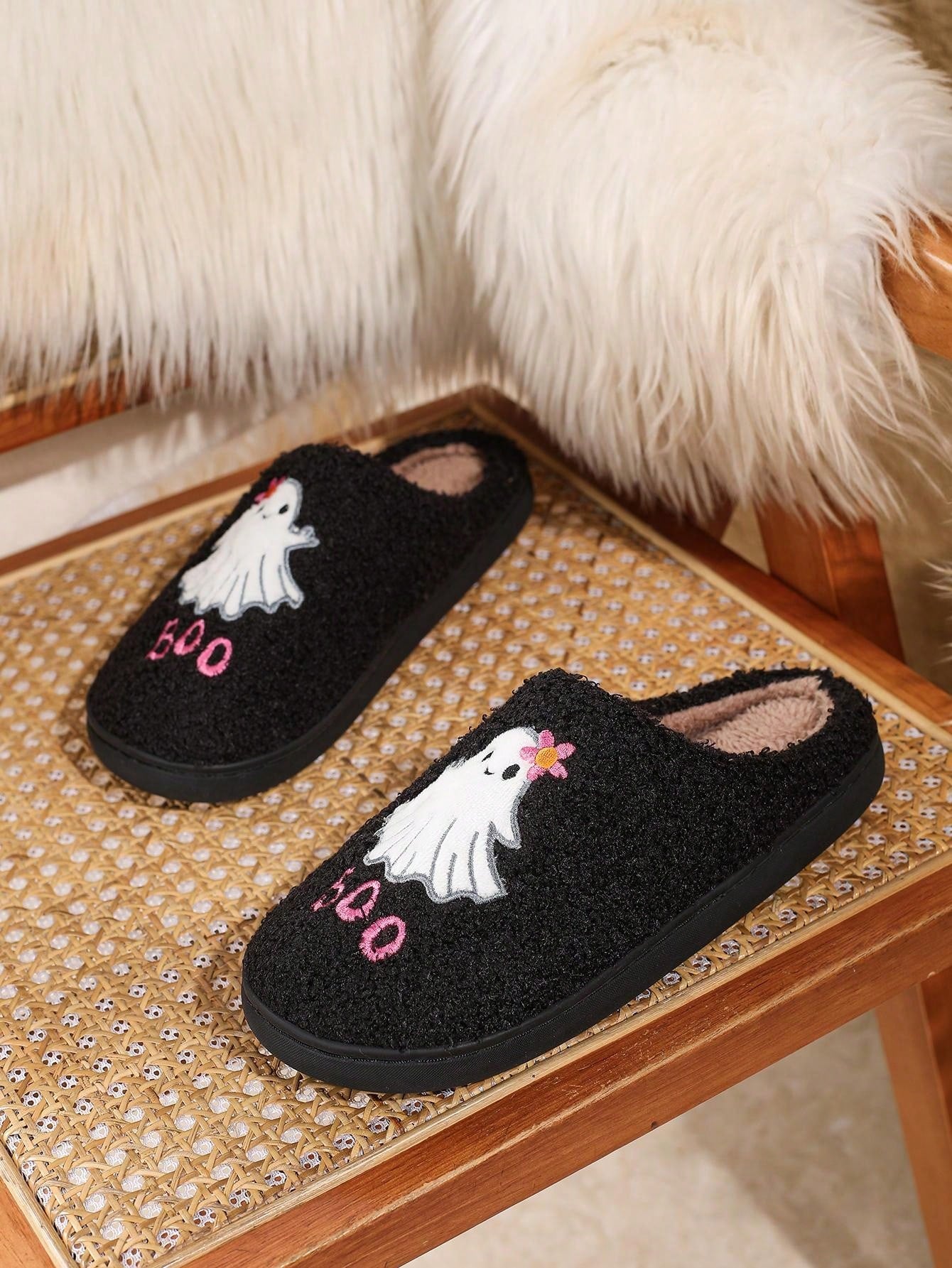 Pantufa Feminina De Algodão Bordado Fantasma Moda Halloween