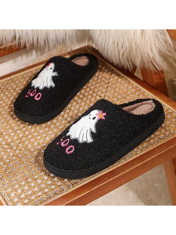 Pantufa Feminina De Algodão Bordado Fantasma Moda Halloween