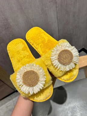 Pantufa Feminina De Pelúcia Confortável Decoração Margarida Chinelo Aberto