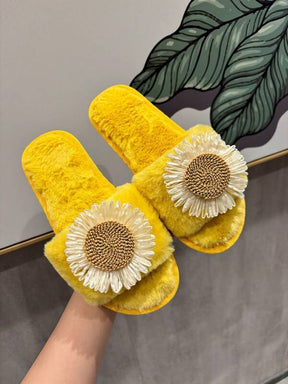 Pantufa Feminina De Pelúcia Confortável Decoração Margarida Chinelo Aberto