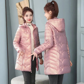 Jaqueta Puffer Longa Feminina Parka Com Capuz Decoração Coração