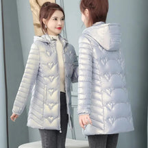 Jaqueta Puffer Longa Feminina Parka Com Capuz Decoração Coração