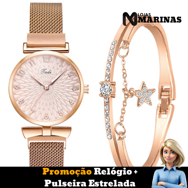 Kit de relógio elegante e pulseira estrelada