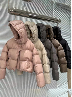 Jaqueta Puffer Curta Feminina Ajustável Com Capuz E Bolsos Casaco Acolchoado