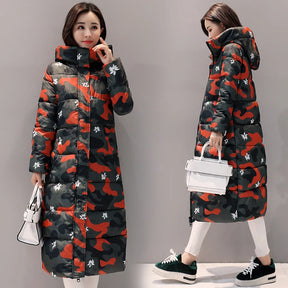 Jaqueta Parka Longa Estampada Acolchoada Com Capuz Para Inverno