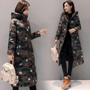 Jaqueta Parka Longa Estampada Acolchoada Com Capuz Para Inverno