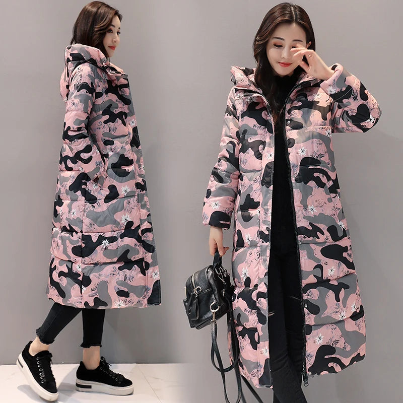 Jaqueta Parka Longa Estampada Acolchoada Com Capuz Para Inverno