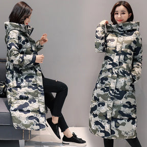 Jaqueta Parka Longa Estampada Acolchoada Com Capuz Para Inverno