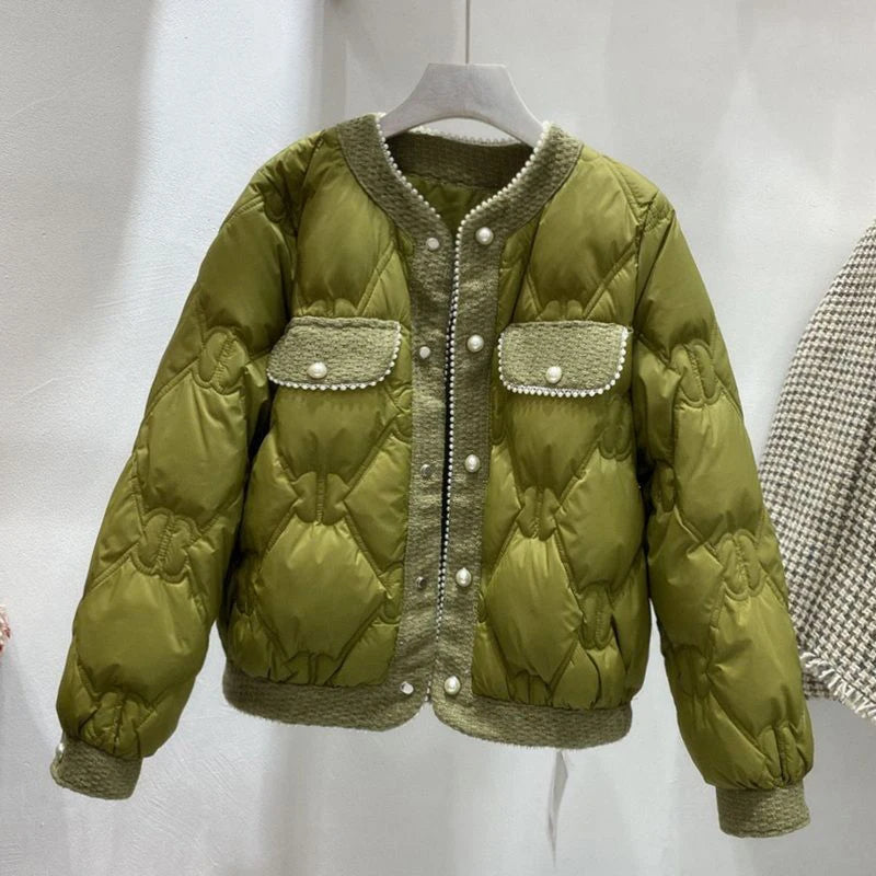 Jaqueta Puffer Feminina Detalhes Em Pérola Gola Redonda Casaco Casual