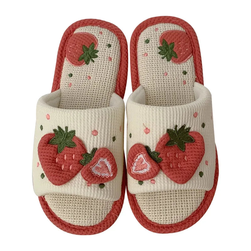 Pantufa Feminina De Linho Estampa Morangos Chinelo Doméstico Confortável