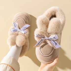 Pantufa Feminina De Algodão Pelúcia Com Laço Chinelo Confortável