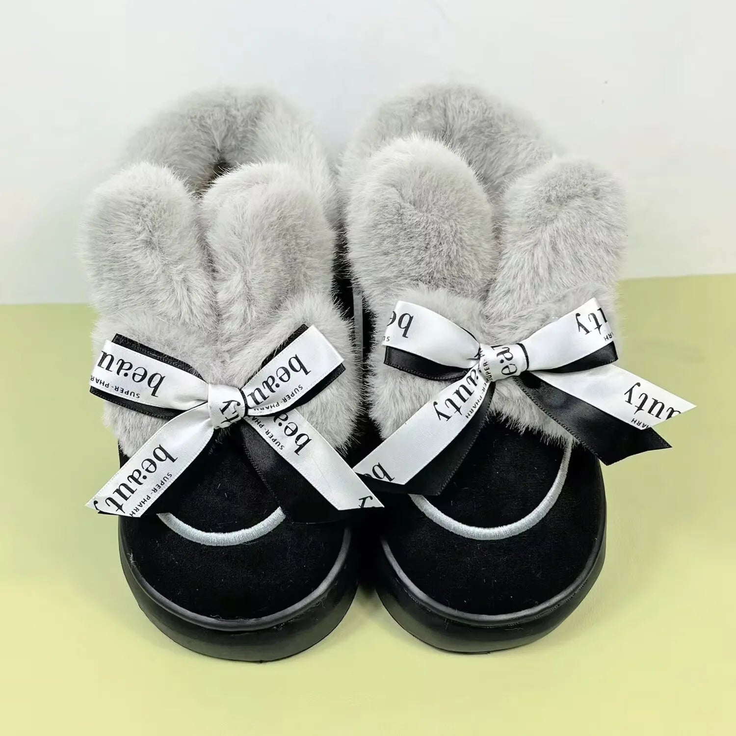 Pantufa Feminina De Algodão Pelúcia Com Laço Chinelo Confortável