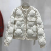 Jaqueta Puffer Feminina Detalhes Em Pérola Gola Redonda Casaco Casual