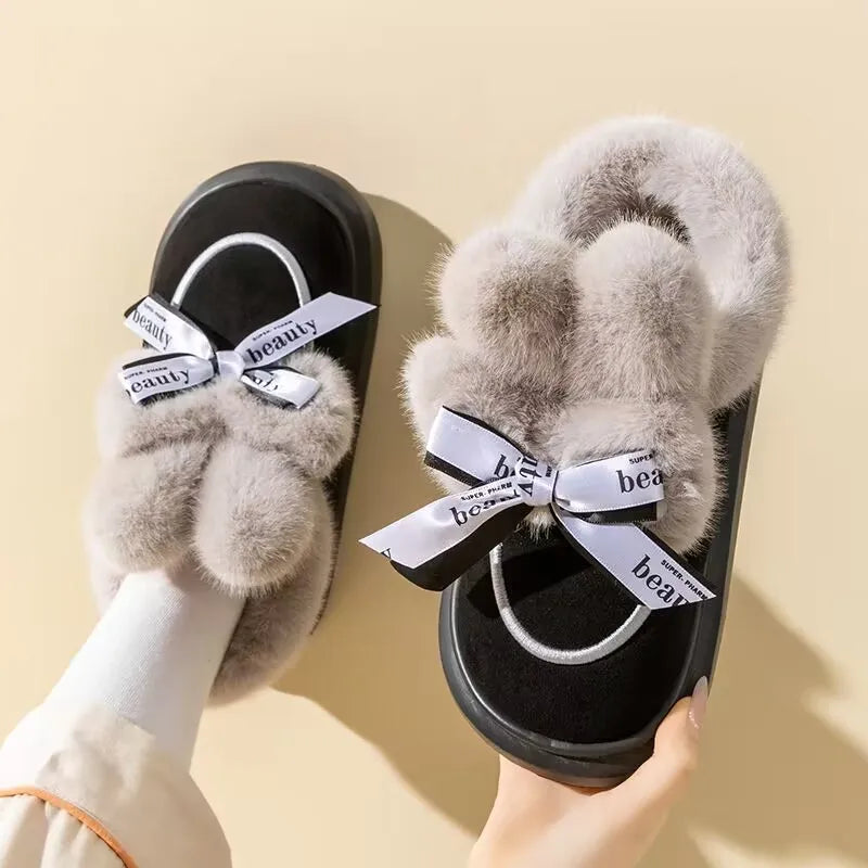 Pantufa Feminina De Algodão Pelúcia Com Laço Chinelo Confortável