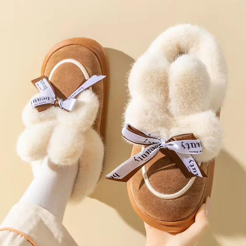 Pantufa Feminina De Algodão Pelúcia Com Laço Chinelo Confortável