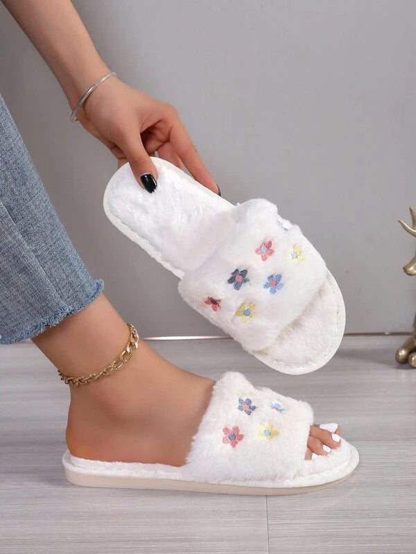 Pantufa Fofa Bordado Flores Chinelo Doméstico Antiderrapante Moda Outono