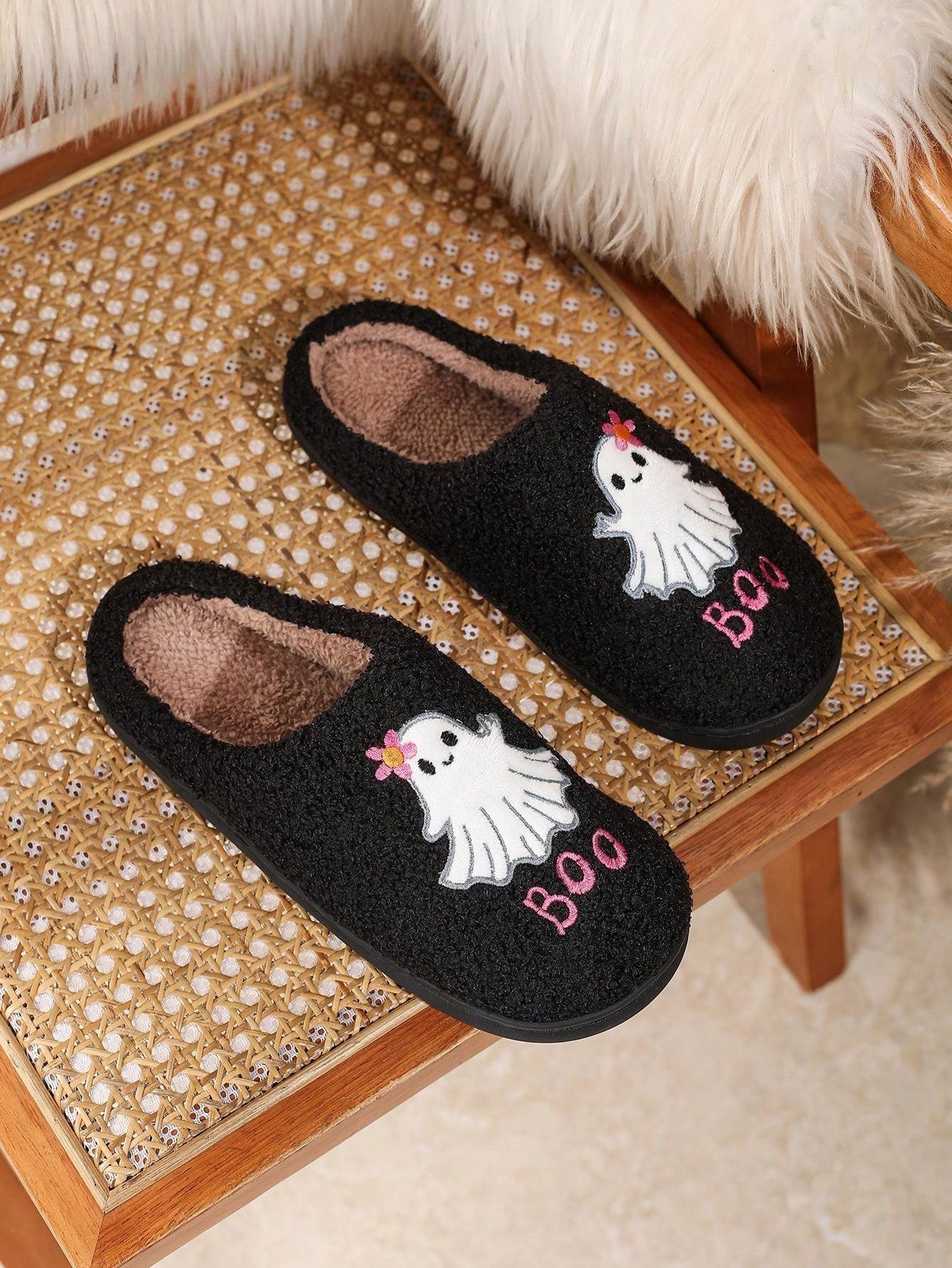 Pantufa Feminina De Algodão Bordado Fantasma Moda Halloween