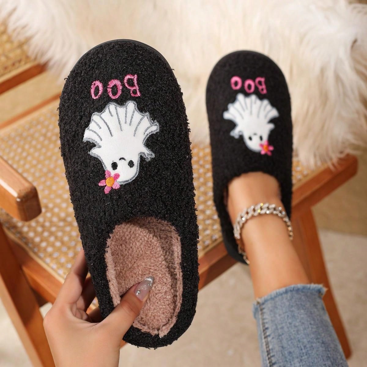 Pantufa Feminina De Algodão Bordado Fantasma Moda Halloween