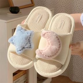 Pantufa Feminina De Pelúcia Decoração Lua E Estrela Chinelo Confortável