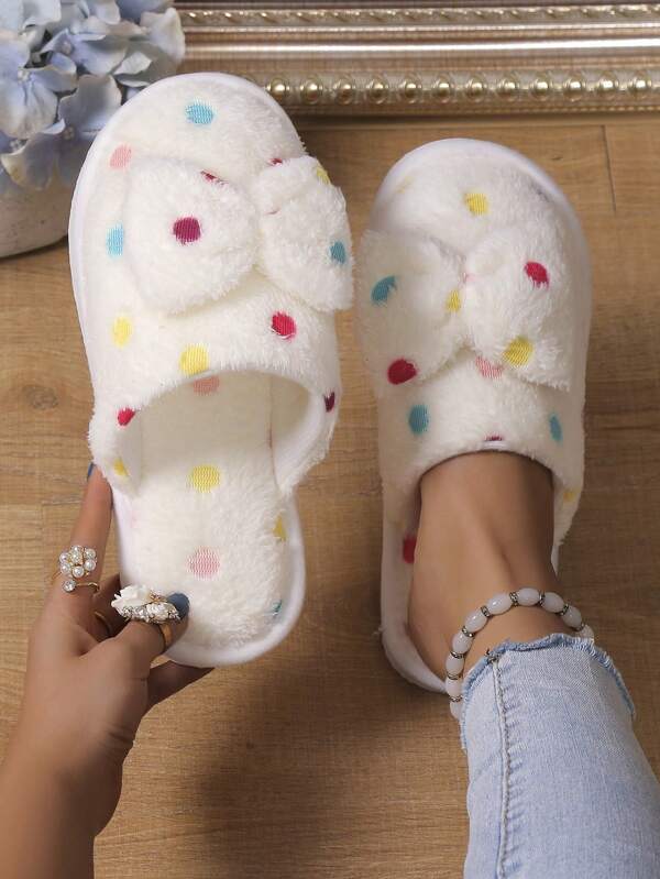 Pantufa Fofa De Pelúcia Feminina Com Laço Chinelo Confortável