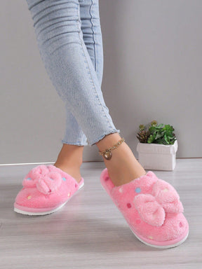 Pantufa Fofa De Pelúcia Feminina Com Laço Chinelo Confortável