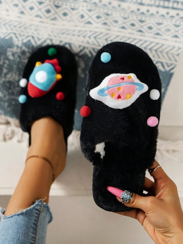 Pantufa Unissex Casual Estampa Planeta Chinelo Confortável De Pelúcia