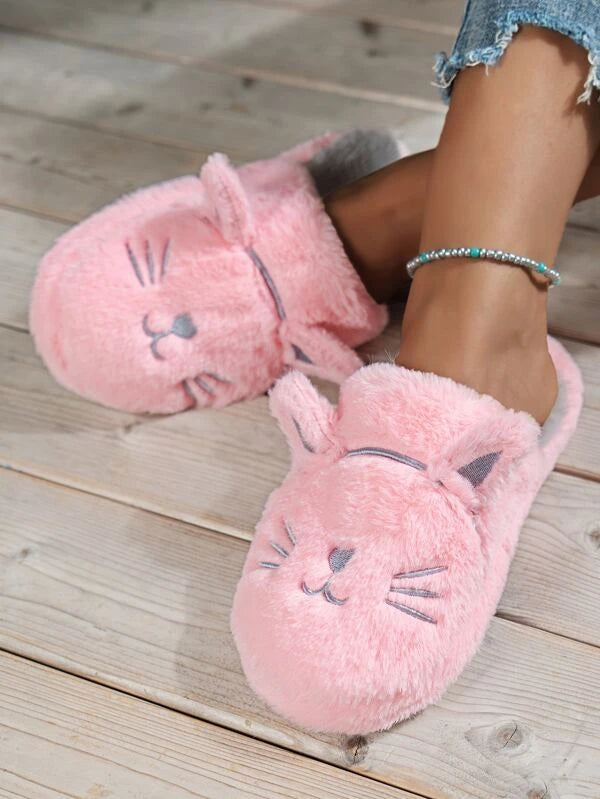 Pantufa Feminina Bordado Gatinho Chinelo Doméstico De Pelúcia