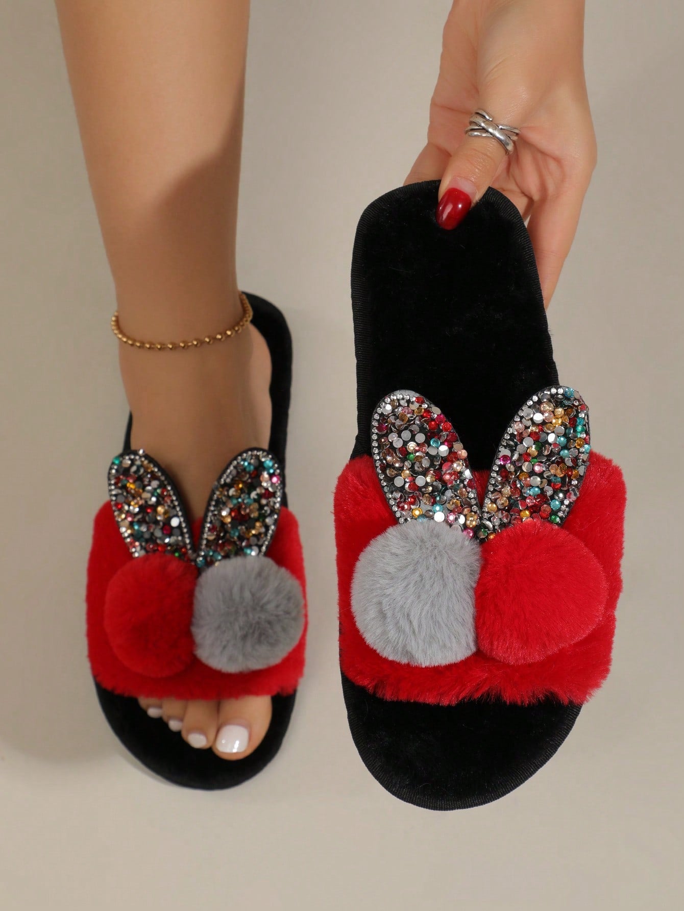 Pantufa Feminina Decoração Pom Pom Com Lantejoulas Chinelo Doméstico