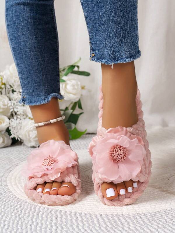 Pantufa Feminina Decoração Flor Chinelo De Veludo Listrado Em Relevo