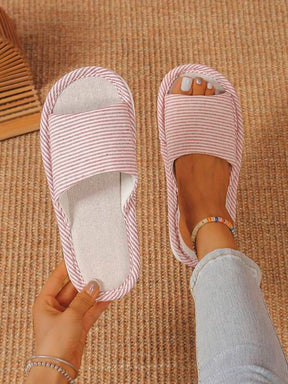 Pantufa Feminina Listrada De Linho Com Sola Macia Antiderrapante Chinelo Doméstico