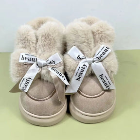 Pantufa Feminina De Algodão Pelúcia Com Laço Chinelo Confortável